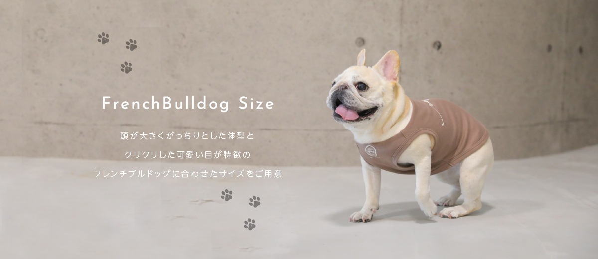 頭が大きくがっちりとした体型とくりくりしたかわいい目が特徴のフレンチブルドッグに合わせたサイズをご用意